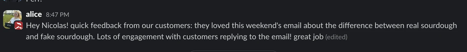 Client message about the work