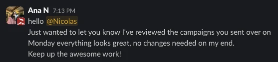 Client message about the work